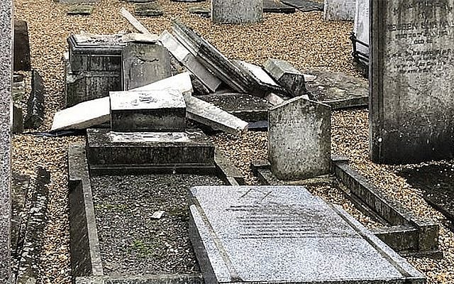 The aftermath of vandalism at the Jewish cemetery in Rochester, UK, in late September 2019. (Dalia Halpern-Matthews via JTA) The aftermath of vandalism at the Jewish cemetery in Rochester, UK, in late September 2019. (Dalia Halpern-Matthews via JTA)