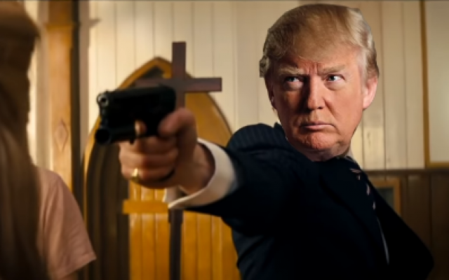 A fake Donald Trump is seen killing his opponents in a video shared at a recent conference for supporters (YouTube screenshot) A fake Donald Trump is seen killing his opponents in a video shared at a recent conference for supporters (YouTube screenshot)