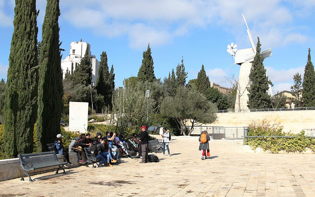 The windmill plaza in the Mishkenot Sha’ananim neighborhood of Jerusalem, which was first established in 1860. (Shmuel Bar-Am)