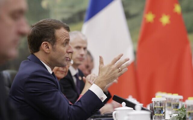 French President Emmanuel Macron speaks during a meeting with Chinese Premier Li Keqiang (not pictured) at the Great Hall of the People in Beijing on November 6, 2019. (JASON LEE / POOL / AFP) French President Emmanuel Macron speaks during a meeting with Chinese Premier Li Keqiang (not pictured) at the Great Hall of the People in Beijing on November 6, 2019. (JASON LEE / POOL / AFP)