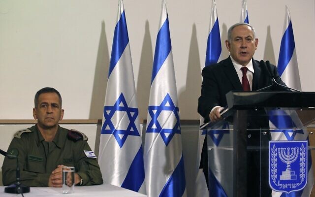Prime Minister Benjamin Netanyahu (right) and IDF Chief of Staff Aviv Kohavi during a press conference at the Defense Ministry in Tel Aviv on November 12, 2019 (GIL COHEN-MAGEN / AFP) Prime Minister Benjamin Netanyahu (right) and IDF Chief of Staff Aviv Kohavi during a press conference at the Defense Ministry in Tel Aviv on November 12, 2019 (GIL COHEN-MAGEN / AFP)