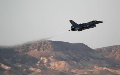 A Greek F-16 fighter jet is seen during the "Blue Flag" multinational aerial exercise at the Ovda air force base, north of the Israeli city of Eilat, on November 11, 2019. (Emmanuel Dunand/AFP)