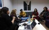 A picture taken on November 18, 2019, shows Israeli activists (L to R) Esti Shushan, Rachel Morgerstern, Hila Hassan Lefkowitz, Esther Twersky, and Yael Elimelech of the Nivcharot foundation, an Ultra-Orthodox feminist group, during a work meeting in the central city of Kfar Saba, on November 18, 2019. (MENAHEM KAHANA / AFP)