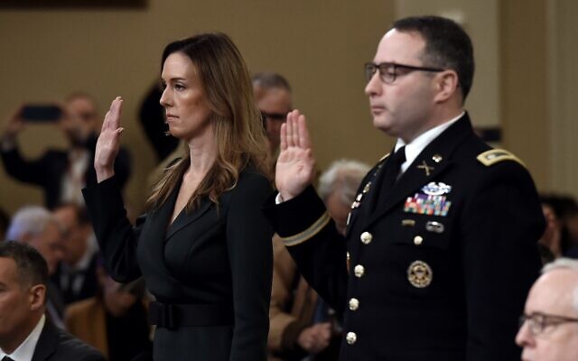 National Security Council Ukraine expert Lieutenant Colonel Alexander Vindman and Jennifer Williams, an aide to Vice President Mike Pence are sworn in before the House Intelligence Committee, on Capitol Hill in Washington, DC on November 19, 2019. (Olivier Douliery / AFP) National Security Council Ukraine expert Lieutenant Colonel Alexander Vindman and Jennifer Williams, an aide to Vice President Mike Pence are sworn in before the House Intelligence Committee, on Capitol Hill in Washington, DC on November 19, 2019. (Olivier Douliery / AFP)