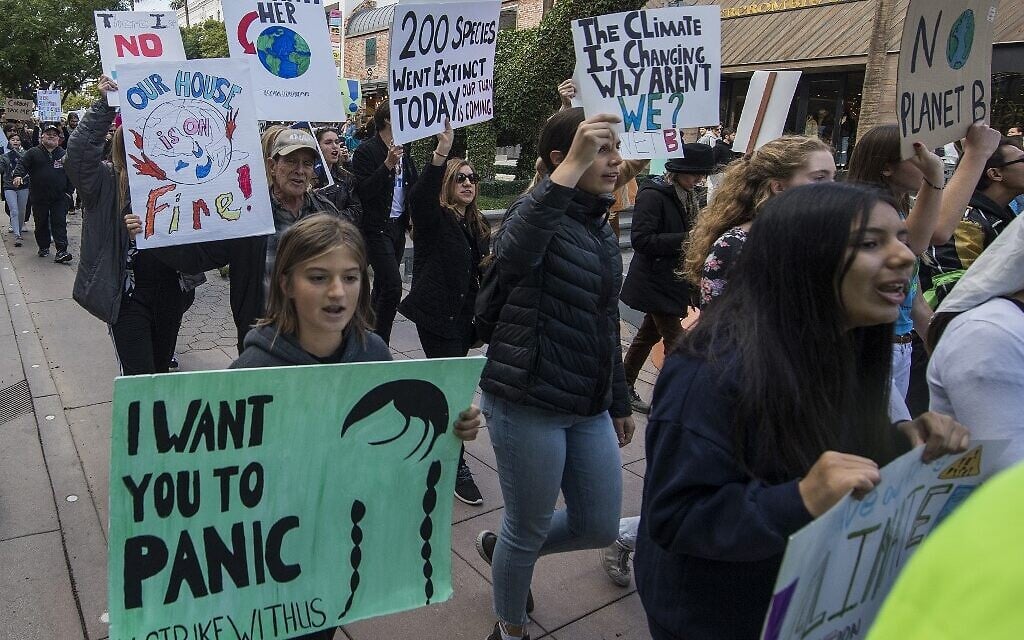 Illustrative: Students and their supporters protest as they demand transformative climate action to counter climate change with a strike against consumerism, during the Black Friday sales in Santa Monica, California on November 29, 2019 (Mark RALSTON / AFP)