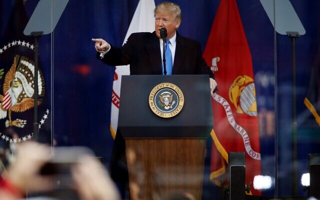 US President Donald Trump speaks at the opening ceremony of the Veterans' Day Parade on November 11, 2019 in New York City. (Spencer Platt/Getty Images/AFP) US President Donald Trump speaks at the opening ceremony of the Veterans' Day Parade on November 11, 2019 in New York City. (Spencer Platt/Getty Images/AFP)