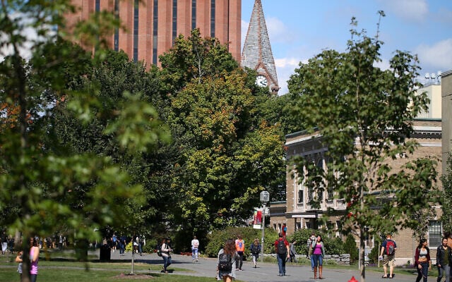 UMass Amherst students head across campus in 2014. (Jonathan Wiggs/The Boston Globe via Getty Images via JTA) UMass Amherst students head across campus in 2014. (Jonathan Wiggs/The Boston Globe via Getty Images via JTA)