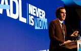Sacha Baron Cohen speaks at the Anti-Defamation League's Never Is Now conference in New York, November 21, 2019. (Jennifer Liseo/ADL)