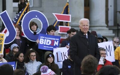 Democratic presidential candidate former Vice President Joe Biden speaks to supporters outside the New Hampshire State House after he filed to have his name listed on the New Hampshire primary ballot, Friday, Nov. 8, 2019, in Concord, N.H. (AP Photo/Charles Krupa)