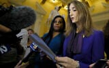 Del. Charniele Herring (D-Alexandria), left, and House Minority Leader Eileen Filler-Corn, right, speak to the media at the rotunda inside the State Capitol in Richmond, Virginia, February 21, 2019 (Bob Brown/Richmond Times-Dispatch via AP, File)