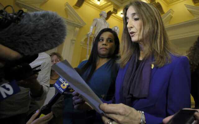 Del. Charniele Herring (D-Alexandria), left, and House Minority Leader Eileen Filler-Corn, right, speak to the media at the rotunda inside the State Capitol in Richmond, Virginia, February 21, 2019 (Bob Brown/Richmond Times-Dispatch via AP, File) Del. Charniele Herring (D-Alexandria), left, and House Minority Leader Eileen Filler-Corn, right, speak to the media at the rotunda inside the State Capitol in Richmond, Virginia, February 21, 2019 (Bob Brown/Richmond Times-Dispatch via AP, File)