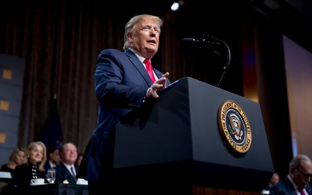 US President Donald Trump speaks at the Economic Club of New York at the New York Hilton Midtown in New York, November 12, 2019. (AP Photo/Andrew Harnik) US President Donald Trump speaks at the Economic Club of New York at the New York Hilton Midtown in New York, November 12, 2019. (AP Photo/Andrew Harnik)