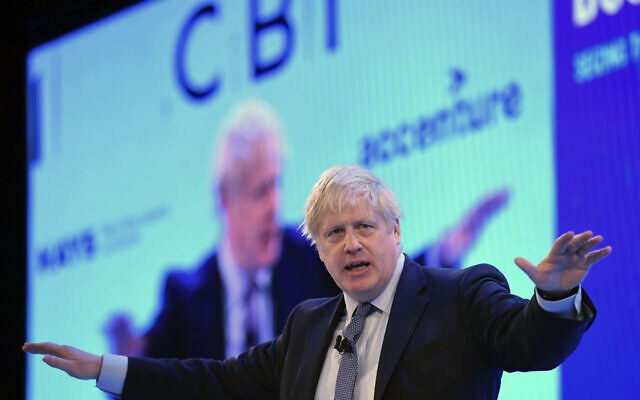 Britain's Prime Minister Boris Johnson speaking at the Confederation of British Industry (CBI) annual conference in London, November 18, 2019. (Stefan Rousseau/PA via AP) Britain's Prime Minister Boris Johnson speaking at the Confederation of British Industry (CBI) annual conference in London, November 18, 2019. (Stefan Rousseau/PA via AP)