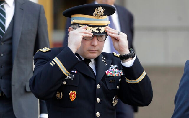 Then National Security Council aide Lt. Col. Alexander Vindman, leaves after testifying before the House Intelligence Committee on Capitol Hill in Washington, November 19, 2019. (Julio Cortez/AP) Then National Security Council aide Lt. Col. Alexander Vindman, leaves after testifying before the House Intelligence Committee on Capitol Hill in Washington, November 19, 2019. (Julio Cortez/AP)