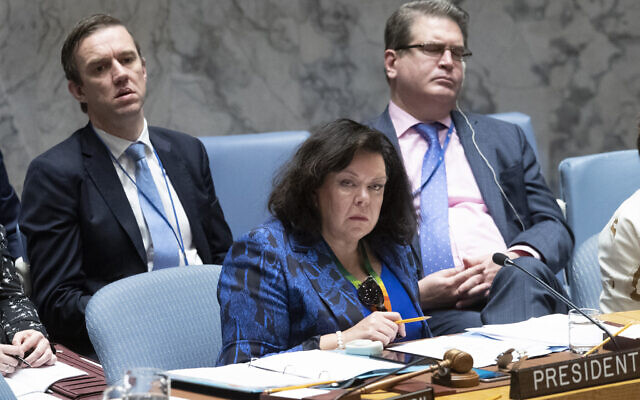 British Ambassador to the United Nations Karen Elizabeth Pierce listens to speakers during a meeting on the Middle East, including the Palestinian question, on Wednesday, November 20, 2019 at United Nations headquarters. (AP Photo/Mary Altaffer) British Ambassador to the United Nations Karen Elizabeth Pierce listens to speakers during a meeting on the Middle East, including the Palestinian question, on Wednesday, November 20, 2019 at United Nations headquarters. (AP Photo/Mary Altaffer)