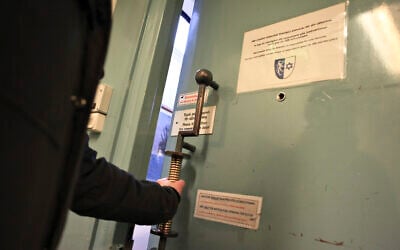 In this March 3, 2010 photo, the secured doors of the Jewish community center in central Malmo, Sweden are shown. (AP Photo/Pamela Juhl)
