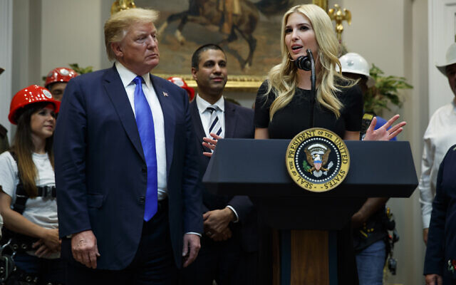 US President Donald Trump listens as Ivanka Trump speaks about the deployment of 5G technology in the United States during an event in the Roosevelt Room of the White House,April 12, 2019, in Washington. (AP Photo/Evan Vucci) US President Donald Trump listens as Ivanka Trump speaks about the deployment of 5G technology in the United States during an event in the Roosevelt Room of the White House,April 12, 2019, in Washington. (AP Photo/Evan Vucci)
