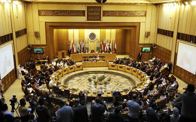 Illustrative: An extraordinary session of the Arab League foreign ministers meets to discuss the situation in the Palestinian territories at the Arab League headquarters in Cairo, Egypt, on April 21, 2019. (Amr Nabil/AP) Illustrative: An extraordinary session of the Arab League foreign ministers meets to discuss the situation in the Palestinian territories at the Arab League headquarters in Cairo, Egypt, on April 21, 2019. (Amr Nabil/AP)