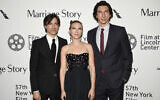 Director, screenwriter and producer Noah Baumbach, left, poses with actors Scarlett Johansson, center, and Adam Driver at the 'Marriage Story' premiere during the 57th New York Film Festival at Alice Tully Hall on October 4, 2019, in New York. (Evan Agostini/Invision/AP)