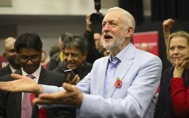 Britain's Labour Party leader Jeremy Corbyn attends a rally while on the campaign trail in Swindon, England, November 2, 2019. (Aaron Chown/PA via AP) Britain's Labour Party leader Jeremy Corbyn attends a rally while on the campaign trail in Swindon, England, November 2, 2019. (Aaron Chown/PA via AP)
