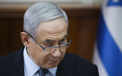 Prime Minister Benjamin Netanyahu, chairs the weekly cabinet meeting at the Prime Minister's office in Jerusalem, November 3, 2019. (AP Photo/Oded Balilty, pool)
