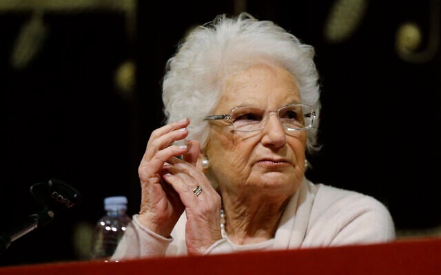Holocaust survivor Liliana Segre speaks with young students on the occasion of an Holocaust remembrance, at the Arcimboldi theatre in Milan, Italy, January 24, 2018. (AP Photo/Luca Bruno) Holocaust survivor Liliana Segre speaks with young students on the occasion of an Holocaust remembrance, at the Arcimboldi theatre in Milan, Italy, January 24, 2018. (AP Photo/Luca Bruno)