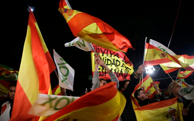 Spain's far-right Vox party supporters cheer after the announcement of the general election first results, in Madrid, Spain, Nov. 10, 2019 (AP Photo/Andrea Comas) Spain's far-right Vox party supporters cheer after the announcement of the general election first results, in Madrid, Spain, Nov. 10, 2019 (AP Photo/Andrea Comas)