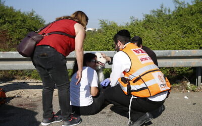 Paramedics treat a woman and her dog moments after a rocket fired by Palestinians terrorists from Gaza hit a main free way between Ashdod and Tel Aviv near Ashdod Israel, Tuesday, November 12, 2019. (AP Photo/Ariel Schalit) Paramedics treat a woman and her dog moments after a rocket fired by Palestinians terrorists from Gaza hit a main free way between Ashdod and Tel Aviv near Ashdod Israel, Tuesday, November 12, 2019. (AP Photo/Ariel Schalit)