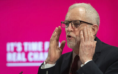 Britain's main opposition Labour Party leader Jeremy Corbyn speaks during the launch of the party race and faith manifesto, in London, on November 26, 2019. (Joe Giddens/PA via AP)