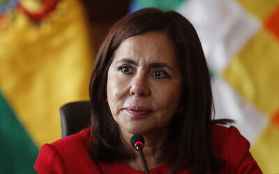 Bolivia's Foreign Minister Karen Longaric attends a press conference introducing the newly appointed ambassador to the United States, at the Foreign Ministry in La Paz, Bolivia, November 28, 2019. (AP Photo/Juan Karita)