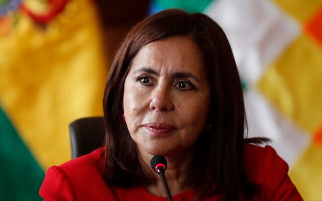 Bolivia's Foreign Minister Karen Longaric attends a press conference introducing the newly appointed ambassador to the United States, at the Foreign Ministry in La Paz, Bolivia, November 28, 2019. (AP Photo/Juan Karita)