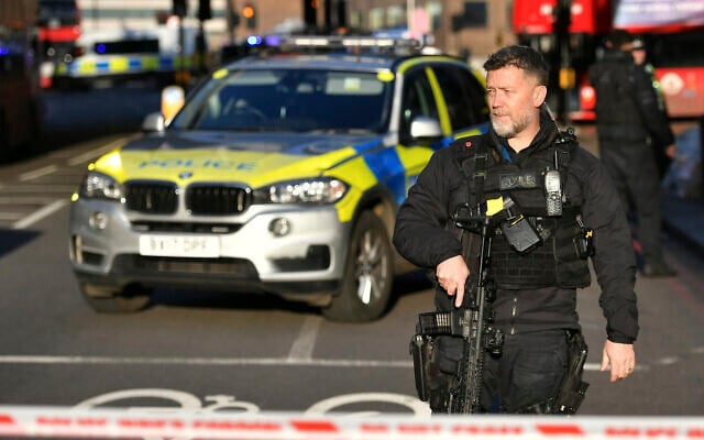 Illustrative: Police at the scene of a stabbing incident on London Bridge in central London, Friday, November 29, 2019 (Dominic Lipinski/PA via AP) Illustrative: Police at the scene of a stabbing incident on London Bridge in central London, Friday, November 29, 2019 (Dominic Lipinski/PA via AP)