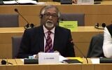 Screen capture from video of then-member of the European Parliament Amjad Bashir during a speech when he said rabbis in Israel 'brainwash' visiting UK Jewish men to make them into extremists.