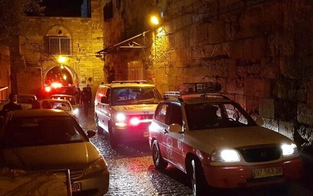 Rescuers at the scene of an elevator collapse in Jerusalem on November 23, 2019. (Courtesy: MDA) Rescuers at the scene of an elevator collapse in Jerusalem on November 23, 2019. (Courtesy: MDA)