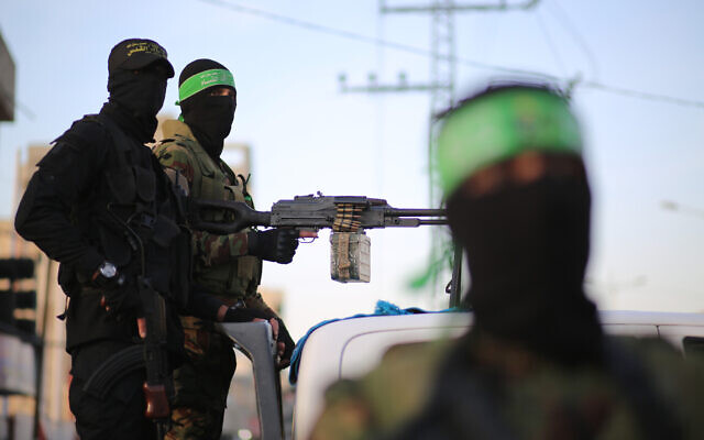Palestinian fighters from the military wings of the Hamas and Islamic Jihad terror groups are seen in Gaza City during the holy month of Ramadan, November 2, 2019. (Hassan Jedi/Flash90) Palestinian fighters from the military wings of the Hamas and Islamic Jihad terror groups are seen in Gaza City during the holy month of Ramadan, November 2, 2019. (Hassan Jedi/Flash90)