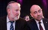 Attorney General Avichai Mandelblit (L) and then-justice minister Amir Ohana attend an annual Justice Ministry conference in Airport City outside Tel Aviv on September 3, 2019. (Tomer Neuberg/Flash90)