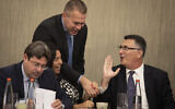 Likud members Gideon Sa'ar (R),  Gilad Erdan (2R), Miri Regev (2L) and Ofir Akunis (L) at a Likud party faction meeting in Jerusalem, following the election results, September 18, 2019 (Hadas Parush/Flash90)