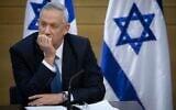 Blue and White party chairmen Benny Gantz attends a faction meeting at the Knesset in Jerusalem, on October 28, 2019. (Hadas Parush/Flash90)