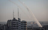 Rockets fired from Gaza towards Israel, followed the targeted killing of Palestinian Islamic Jihad terror chief Baha Abu al-Ata, by an Israeli strike, on November 12, 2019. (Hassan Jedi/Flash90)