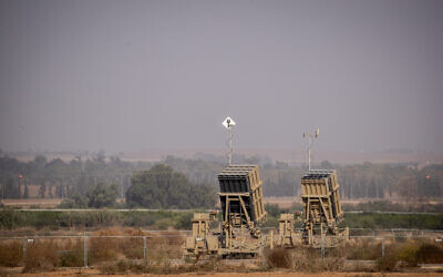 An Iron Dome missile battery set up in Sderot, southern Israel, near the border with the neighboring Gaza Strip on November 13, 2019. (Yonatan Sindel/Flash90)