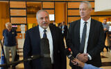 Blue and White party leader Benny Gantz (right) and Yisrael Beytenu chief Avigdor Liberman after meeting in Ramat Gan on November 14, 2019. (Avshalom Sassoni/Flash90)