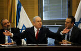 Prime Minister Benjamin Netanyahu (C) at a meeting of the 55-member union of his Likud party and other right-wing and religious parties, in the Knesset, November 18, 2019. (Hadas Parush/Flash90)