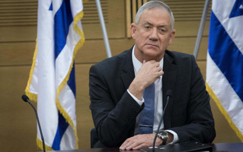 Blue and White party chairman Benny Gantz during a faction meeting at the Knesset, the Israeli parliament in Jerusalem, on November 18, 2019. (Hadas Parush/Flash90) Blue and White party chairman Benny Gantz during a faction meeting at the Knesset, the Israeli parliament in Jerusalem, on November 18, 2019. (Hadas Parush/Flash90)
