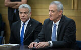 Then Blue and White leaders Benny Gantz (right) and Yair Lapid during a faction meeting at the Knesset on November 18, 2019. (Hadas Parush/Flash90)