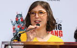 Mayim Bialik speaks at the TCL Chinese Theatre IMAX in Hollywood, California, May 1, 2019. (Paul Archuleta/FilmMagic/Getty Images via JTA)