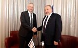 Blue and White party chairman MK Benny Gantz, left, and Yisrael Beytenu party leader MK Avigdor Liberman at the Kfar Maccabiah Hotel in Ramat Gan, November 14, 2019. (Elad Malka)