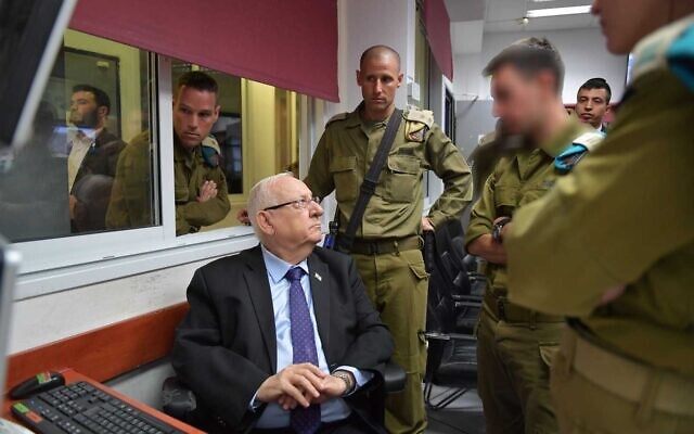 President Reuven Rivlin, left, visits the IDF Gaza Division on November 17, 2019. (GPO) President Reuven Rivlin, left, visits the IDF Gaza Division on November 17, 2019. (GPO)