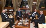 From left to right: Likud Minister Yariv Levin, Prime Minister Benjamin Netanyahu, President Reuven Rivlin and Likud Minister Ze'ev Elkin meet at the President's Residence in Jerusalem on November 19, 2019. (Mark Neiman/GPO)