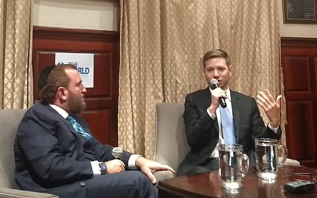 Yair Netanyahu, Israeli Prime Minister Benjamin Netanyahu's son, speaks with Rabbi Shmuley Boteach on Nov. 6, 2019 in New York City. (Ben Sales / JTA) Yair Netanyahu, Israeli Prime Minister Benjamin Netanyahu's son, speaks with Rabbi Shmuley Boteach on Nov. 6, 2019 in New York City. (Ben Sales / JTA)