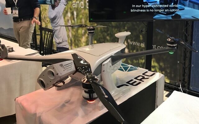 A drone developed by Israeli startup Percepto on display at the UVID 2019 conference and exhibition at Airport City, November 7, 2019. (Shoshanna Solomon/Times of Israel) A drone developed by Israeli startup Percepto on display at the UVID 2019 conference and exhibition at Airport City, November 7, 2019. (Shoshanna Solomon/Times of Israel)